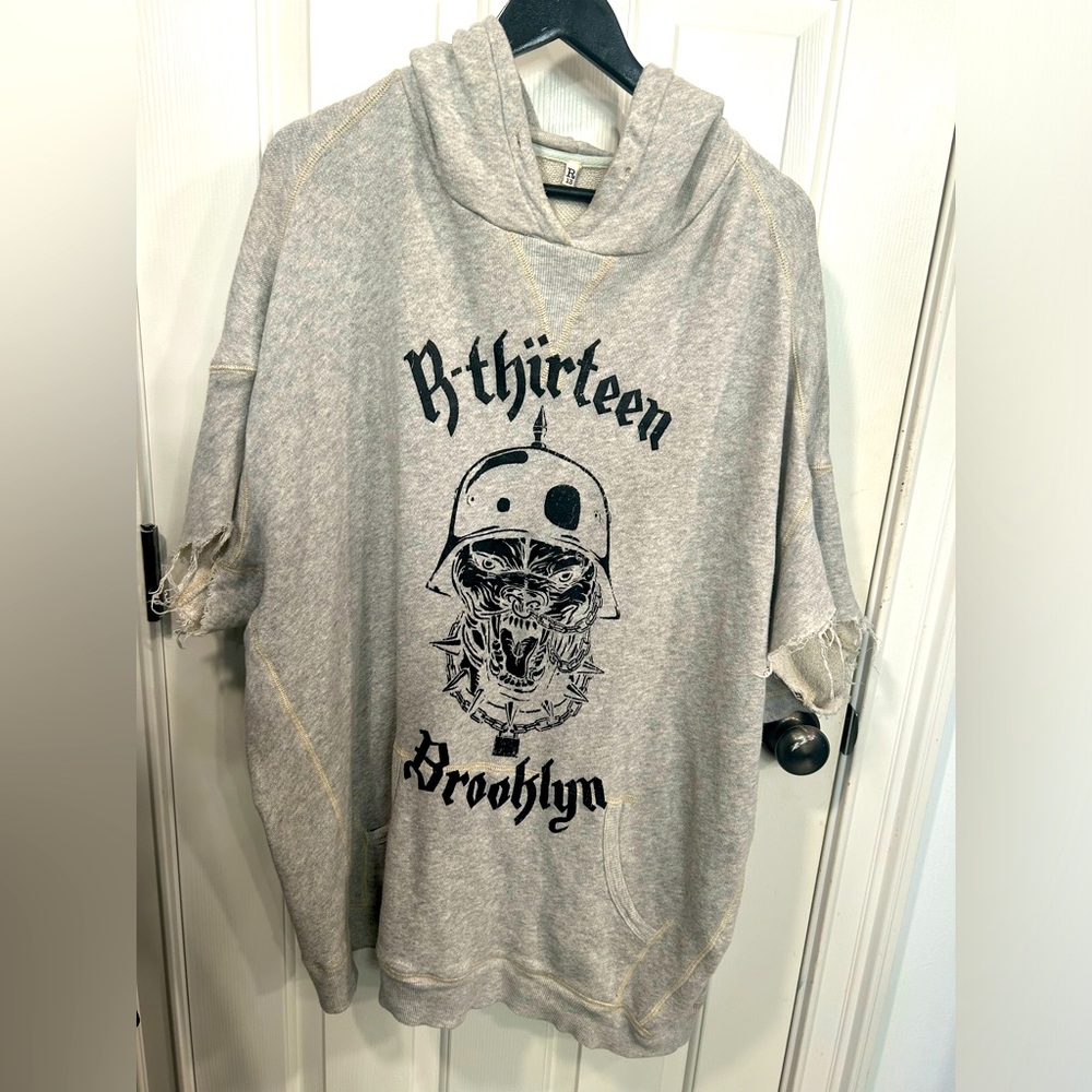 R13 Distressed Cut off arms Hooded Grey Sweatshirt